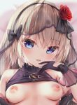  1girl azur_lane bangs bare_shoulders bed_sheet black_bow black_gloves blonde_hair blue_eyes blush bow breasts breasts_outside chen_bin clothes_lift commentary_request dress eyebrows_visible_through_hair flower gloves hair_bow hair_flower hair_ornament head_tilt highres iron_cross jewelry lying necklace nipples on_back parted_lips red_flower red_rose rose seductive_smile see-through short_hair small_breasts smile solo upper_body veil wedding_dress z23_(azur_lane) z23_(schwarze_hochzeit)_(azur_lane) 