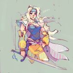  1girl armor artist_name blonde_hair blue_headband blue_shirt breasts celes_chere cleavage closed_mouth cowboy_shot cropped_legs detached_sleeves final_fantasy final_fantasy_vi floating_hair grey_background hand_on_own_hip headband holding holding_sword holding_weapon long_hair looking_at_viewer medium_breasts michaelfirman pants parted_bangs pauldrons shirt shoulder_armor solo strapless strapless_shirt sword wavy_hair weapon yellow_pants yellow_sleeves 