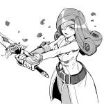  1girl bare_shoulders beatrix_(ff9) belt breasts cleavage closed_mouth curly_hair dede_(qwea_00000) eyepatch falling_petals fighting_stance final_fantasy final_fantasy_ix fingerless_gloves gloves greyscale holding holding_sword holding_weapon long_hair loose_belt medium_breasts monochrome one_eye_covered petals sleeveless sleeveless_jacket solo sword upper_body v_arms weapon white_background 