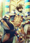  1boy abs ahoge ankai_(rappelzankai) black_gloves brown_hair cape dark_skin dark_skinned_male egyptian egyptian_clothes fate/grand_order fate/prototype fate/prototype:_fragments_of_blue_and_silver fate_(series) gauntlets gloves hair_between_eyes head_tilt jewelry looking_to_the_side male_focus muscle necklace ozymandias_(fate) pixiv_id shirtless shrug_(clothing) sitting smirk solo throne white_cape yellow_eyes 