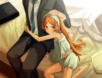  1boy 1girl absurdres bare_legs barefoot black_suit blush cabbage_(chlehd2239) green_shirt green_shorts hand_on_another&#039;s_head hetero highres hug idolmaster idolmaster_million_live! indoors long_hair midriff ogami_tamaki on_bed orange_hair producer_(idolmaster) shirt shorts sitting sleeveless sleeveless_shirt straight_hair suit very_long_hair 