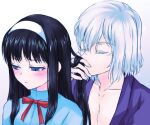 1boy 1girl black_hair blue_eyes blue_kimono blush closed_eyes closed_mouth flustered formal_clothes grabbing_another's_hair japanese_clothes kimono lo_lis pectorals short_hair siblings smelling tohno_akiha tohno_shiki_(2) tsukihime type-moon white_hair 