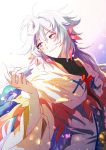  1boy ahoge bangs bishounen blush center_frills eyebrows eyebrows_visible_through_hair fate/grand_order fate_(series) flower flower_knot hair_between_eyes hair_ornament heeparang hood hood_down hooded_robe long_hair long_sleeves looking_to_the_side male_focus merlin_(fate) multicolored_hair pants petals pink_ribbon purple_eyes ribbon robe signature simple_background smile solo tassel turtleneck two-tone_hair upper_body very_long_hair white_background white_hair white_robe wide_sleeves 