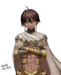 1boy abs ahoge artist_name bicobico-bico black_gloves brown_hair cape crossed_arms dark_skin dark_skinned_male dated egyptian egyptian_clothes expressionless fate/grand_order fate/prototype fate/prototype:_fragments_of_blue_and_silver fate_(series) gauntlets gloves hair_between_eyes highres jewelry looking_at_viewer male_focus muscle necklace ozymandias_(fate) shirtless shrug_(clothing) signature simple_background solo standing upper_body white_background white_cape yellow_eyes younger 