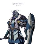  1boy absurdres armor char&#039;s_counterattack char&#039;s_counterattack_-_beltorchika&#039;s_children character_name clenched_hands english_commentary gundam helmet hi-nu_gundam highres holding holding_shield holding_spear holding_weapon personification polearm shield solo spear thai_trieu v-fin viking warrior weapon 