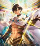  1boy abs ahoge black_gloves brown_hair cape dark_skin dark_skinned_male egyptian egyptian_clothes fate/grand_order fate/prototype fate/prototype:_fragments_of_blue_and_silver fate_(series) gauntlets gloves hair_between_eyes holding holding_staff jewelry looking_at_viewer male_focus muscle necklace nemusuke open_mouth ozymandias_(fate) shirtless shrug_(clothing) solo staff white_cape yellow_eyes 