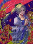  1girl blonde_hair blue_background blue_eyes blue_ribbon bow celes_chere dated dress dress_bow falling_petals final_fantasy final_fantasy_vi hair_ribbon happy_birthday juliet_sleeves long_dress long_hair long_sleeves multi-tied_hair original own_hands_clasped own_hands_together parted_bangs parted_lips petals puffy_sleeves ribbon solo twitter_username uedymummy0921 upper_body 