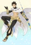  1boy abs ahoge black_gloves brown_hair cape dark_skin dark_skinned_male egyptian egyptian_clothes fate/grand_order fate/prototype fate/prototype:_fragments_of_blue_and_silver fate_(series) full_body gauntlets gloves holding holding_staff jewelry male_focus muscle necklace ozymandias_(fate) shirtless shrug_(clothing) simple_background solo staff white_cape yellow_eyes yepnean 