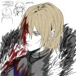  2boys armor black_armor black_fur blonde_hair blood blood_in_hair blood_on_armor blood_on_face breastplate byleth_(fire_emblem) byleth_(male)_(fire_emblem) cape chinese_text closed_mouth dimitri_alexandre_blaiddyd dimitri_alexandre_blaiddyd_(timeskip) empty_eyes eyepatch fire_emblem fire_emblem:_three_houses frown hair_behind_ear hair_between_eyes highres injury male_focus multiple_boys multiple_views one_eye_covered qiongfanqiongsile sketch_inset solo_focus speech_bubble translation_request upper_body white_background white_fur 
