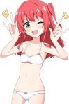  1girl ;d \m/ aikawa_ryou bare_arms bare_shoulders blush bocchi_the_rock! bow bow_bra bow_panties bra collarbone double_\m/ flat_chest green_eyes groin hands_up highres kita_ikuyo long_hair looking_at_viewer navel notice_lines one_eye_closed one_side_up panties red_hair simple_background smile solo underwear underwear_only white_background white_bra white_panties 