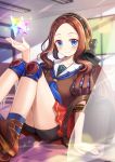  1girl arm_support ass backpack bag bangs bike_shorts black_bow blue_eyes blurry blurry_background blush bow breasts brown_bag brown_hair closed_mouth commentary_request fate/grand_order fate_(series) foot_out_of_frame forehead gloves hair_bow headphones highres knees_up leonardo_da_vinci_(fate/grand_order) long_hair looking_at_viewer mongble neckerchief parted_bangs pleated_skirt puffy_short_sleeves puffy_sleeves red_skirt sailor_collar shirt short_sleeves shorts shorts_under_skirt sidelocks sitting skirt smile solo sparkle very_long_hair 