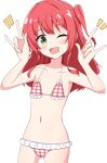  1girl ;d \m/ aikawa_ryou bare_arms bare_shoulders bikini blush bocchi_the_rock! bow bow_bikini collarbone double_\m/ flat_chest frilled_bikini frills green_eyes hands_up highres kita_ikuyo long_hair looking_at_viewer navel notice_lines one_eye_closed one_side_up plaid_bikini plaid_clothes red_hair simple_background smile solo swimsuit white_background 