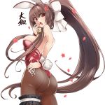  1girl animal_ears back-seamed_legwear brown_hair brown_legwear bunny_ears bunny_tail bunnysuit character_name cherry_blossoms commentary_request cowboy_shot detached_collar flower gold_bowtie hair_flower hair_ornament hand_on_hip kantai_collection leg_garter leotard long_hair looking_at_viewer pantyhose petals ponytail red_eyes red_leotard seamed_legwear simple_background solo strapless strapless_leotard tail thong_leotard uzuki_kosuke white_background wrist_cuffs yamato_(kantai_collection) 