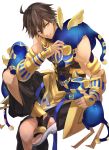  1boy abs absurdres ahoge animal animal_ears brown_hair cat cat_ears dark_skin dark_skinned_male egyptian egyptian_clothes fate/grand_order fate/prototype fate/prototype:_fragments_of_blue_and_silver fate_(series) gauntlets hair_between_eyes highres holding holding_animal holding_cat hoshi_rasuku jewelry looking_to_the_side male_focus muscle necklace ozymandias_(fate) simple_background sitting solo tail white_background wings yellow_eyes 