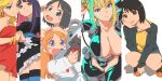  6+girls aonori_misuji black_hair blonde_hair blue_eyes blue_hair bob_cut breasts bright_pupils cleavage closed_mouth colored_inner_hair denim denim_skirt dress highres large_breasts long_hair long_sleeves looking_at_viewer medium_breasts multicolored_hair multiple_girls nakahara_misaki nancy_lee nhk_ni_youkoso! nichijou ninja_slayer open_mouth panty_&amp;_stocking_with_garterbelt panty_(psg) pink_hair professor_shinonome raglan_sleeves sakamoto_(nichijou) shinonome_nano shirt short_hair siblings simple_background sisters skirt smile stocking_(psg) striped_clothes striped_thighhighs thighhighs two-tone_hair white_background white_pupils yellow_shirt 