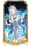  1girl alternate_costume black_nails blue_eyes blue_fire blue_hair border bracelet breasts butterfly_ornament card_(medium) cleavage cloak cocktail_dress collarbone crown dress earrings eyelashes fingernails fire forehead frilled_dress frills fur-trimmed_cloak fur_trim gold_bracelet gold_earrings gold_headwear gold_trim hair_ornament hair_over_one_eye hair_stick halo_crown highres holding holding_staff jewelry long_dress looking_at_viewer medium_breasts monarch_(amalee) off_shoulder open_cloak open_clothes ornate_border reiayaori sleeveless sleeveless_dress smile solo staff tarot tarot_(medium) the_emperor_(tarot) virtual_youtuber vshojo white_dress wide_sleeves 