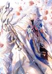  1boy absurdres ahoge bangs bishounen black_pants center_frills fate/grand_order fate_(series) flower flower_knot hair_between_eyes hair_ornament highres holding holding_staff holding_weapon hood hood_down hooded_robe huge_filesize ittetsu_taro long_hair long_sleeves looking_at_viewer male_focus merlin_(fate) multicolored_hair pants petals pink_ribbon purple_eyes ribbon robe smile solo staff tassel turtleneck two-tone_hair very_long_hair weapon white_hair white_robe wide_sleeves 