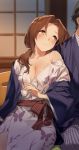  1boy 1girl 92m bare_shoulders bath_yukata blush breasts brown_eyes brown_hair chair choko_(cup) cleavage closed_mouth commentary_request cup highres idolmaster idolmaster_cinderella_girls indoors japanese_clothes kawashima_mizuki kimono large_breasts looking_at_another off-shoulder_kimono out_of_frame sash shouji sitting sliding_doors tatami yukata 