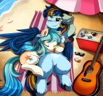  2020 absurd_res acoustic_guitar avian beach beach_towel beach_umbrella beverage cooler cutie_mark duo equid equine european_mythology eyes_closed eyewear fan_character female fetlocks greek_mythology guitar hair hasbro hi_res hippogriff lying mammal multicolored_hair musical_instrument my_little_pony mythological_avian mythology on_back one_eye_closed plucked_string_instrument pridark relaxing sand sea seaside semi-anthro smile string_instrument sunglasses sunscreen underhoof water 