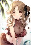  1girl :t bangs bare_shoulders bikini black_ribbon blush breasts brown_eyes brown_hair cleavage closed_mouth collarbone commentary_request crying crying_with_eyes_open eyebrows_visible_through_hair hair_bun hair_ribbon highres ichikawa_hinana idolmaster idolmaster_shiny_colors large_breasts leaning_forward long_hair navel parted_bangs pout red_bikini ribbon see-through side_bun simple_background solo swimsuit tears umeume_(totoya) water_drop white_background 