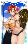  1girl beach bikini blue_eyes boudica_(fate/grand_order) breasts cleavage fate/grand_order fate_(series) flower hair_flower hair_ornament hibiscus izuna_nie large_breasts looking_at_viewer ocean polearm red_hair short_hair smile solo surfboard swimsuit weapon 