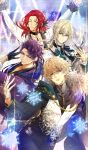  4boys arms_up bedivere_(fate) bedivere_(rounds_on_ice)_(fate) black_bow black_bowtie black_choker black_gloves black_pants blue_scarf bow bowtie cape chain chest_jewel choker closed_eyes closed_mouth collarbone colored_lapels commentary diffraction_spikes dynamic_pose fate/grand_order fate_(series) feather-trimmed_cape feather-trimmed_jacket feather_hair_ornament feathers gawain_(fate) gawain_(rounds_on_ice)_(fate) gloves gold_chain green_cape hair_ornament half_gloves high_collar ice_skating indoors jacket knights_of_the_round_table_(fate) lancelot_(fate/grand_order) lancelot_(rounds_on_ice)_(fate) long_sleeves looking_at_viewer male_focus matori_(penguin_batake) multiple_boys official_art pants parted_lips prosthesis prosthetic_arm puffy_long_sleeves puffy_sleeves purple_jacket scarf shirt skating skating_rink smile snowflakes third-party_source tristan_(fate) tristan_(rounds_on_ice)_(fate) vest waistcoat white_gloves white_jacket white_shirt white_vest 