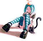  1girl absurdres alternate_costume apron aqua_eyes aqua_hair aqua_thighhighs back_bow between_legs black_dress black_shoes bow cat_tail closed_mouth collared_dress dress expressionless fake_tail frilled_apron frilled_dress frills full_body hair_ornament hand_between_legs hand_on_own_knee highres hikimayu looking_at_viewer maid maid_apron mary_janes medium_hair monogatari_(series) ononoki_yotsugi parted_bangs platform_shoes puffy_short_sleeves puffy_sleeves rabbit_hair_ornament rhinth ribbon-trimmed_sleeves ribbon_trim shadow shoes short_sleeves simple_background sitting solo striped_clothes striped_thighhighs tail thighhighs twintails white_background 