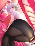  1girl all_fours bed blurry blurry_background bob_cut canopy_bed eyebrows_visible_through_hair frills grey_eyes grey_hair hair_over_one_eye highres infinote looking_back miniskirt mirror on_bed original panties pantyhose pantyshot sashou_mihiro short_hair short_sleeves signature skirt solo underwear 