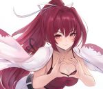  1girl belt blush breasts camisole cleavage hair_intakes hair_ribbon heart jacket jacket_on_shoulders large_breasts leaning_forward leonmandala long_hair looking_at_viewer pants ponytail purple_hair red_camisole red_eyes ribbon solo spaghetti_strap under_night_in-birth very_long_hair white_ribbon yuzuriha_(under_night_in-birth) 