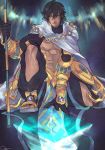  1boy abs ahoge artist_name black_gloves brown_hair cape dark_skin dark_skinned_male egyptian egyptian_clothes fate/grand_order fate/prototype fate/prototype:_fragments_of_blue_and_silver fate_(series) full_body gauntlets gloves hair_between_eyes holding holding_staff jewelry looking_at_viewer male_focus muscle necklace orenjimaru ozymandias_(fate) shirtless shrug_(clothing) signature sitting solo staff twitter_username white_cape yellow_eyes 