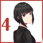  1girl actor arms_at_sides black_hair black_shirt border breasts brown_eyes closed_mouth commentary countdown drop_shadow from_side halftone highres ishii_haruna looking_at_viewer looking_to_the_side medium_breasts mole mole_under_eye nigari_(ngari_0115) outside_border real_life red_border shirt short_hair simple_background solo upper_body white_background 
