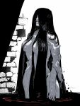  1girl absurdres black_hair breasts cleavage dress ghost_girl hair_over_eyes hair_over_face highres large_breasts long_hair manabu_yashiro open_mouth solo the_ring torn_clothes torn_dress very_long_hair white_dress yamamura_sadako 