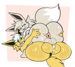 5_fingers absurd_res anthro anus backsack balls biped bodily_fluids butt duo eevee eeveelution fingers generation_1_pokemon genitals hi_res jolteon looking_back male male/male nintendo nude pokemon pokemon_(species) presenting presenting_hindquarters rear_view saliva saliva_string smile spread_butt spreading sweat sweatdrop sweaty_butt virito