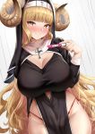  1girl anila_(granblue_fantasy) bangs bikini bikini_under_clothes blonde_hair blunt_bangs blush breasts closed_mouth covered_navel cross dearonnus draph eyebrows_visible_through_hair granblue_fantasy habit head_tilt heart heart-shaped_pupils highleg highleg_bikini highres horns huge_breasts long_hair long_sleeves looking_at_viewer mixed-language_commentary nun pregnancy_test red_bikini see-through sheep_horns short_eyebrows side-tie_bikini smile solo standing sweat swimsuit symbol-shaped_pupils thick_eyebrows very_long_hair yellow_eyes 