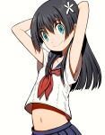  1girl arms_behind_head arms_up beeru_(veil8801) black_hair blue_eyes blue_sailor_collar blue_skirt breasts closed_mouth collarbone flower hair_between_eyes hair_flower hair_ornament highres long_hair navel neckerchief pleated_skirt red_neckerchief sailor_collar sakugawa_school_uniform saten_ruiko school_uniform serafuku shirt simple_background skirt small_breasts smile solo split_mouth toaru_kagaku_no_railgun toaru_majutsu_no_index white_background white_flower white_shirt 