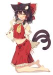  1girl absurdres animal_ears ascot barefoot blush bow breasts brown_eyes brown_hair cat_ears cat_girl cat_tail chest_sarashi commentary_request detached_sleeves fang frilled_bow frilled_hair_tubes frilled_skirt frills hair_bow hair_tubes hakurei_reimu highres kemonomimi_mode kneeling long_hair looking_at_viewer midriff multiple_tails navel open_mouth red_bow red_skirt ribbon-trimmed_sleeves ribbon_trim sarashi seika_okawari simple_background skin_fang skirt skirt_set solo sweatdrop tail touhou two_tails white_background yellow_ascot 