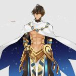  1boy abs ahoge black_gloves brown_hair cape character_name dark_skin dark_skinned_male egyptian egyptian_clothes fate/grand_order fate/prototype fate/prototype:_fragments_of_blue_and_silver fate_(series) gauntlets gloves grey_background hair_between_eyes head_tilt highres jewelry light_smile male_focus muscle necklace ozymandias_(fate) shirtless shrug_(clothing) simple_background smile solo torime9999 white_cape yellow_eyes 