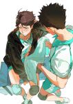 2boys aoba_johsai_volleyball_uniform arm_behind_head arm_up atie1225 bench black_jacket blue_shorts blush brown_eyes brown_hair collarbone collared_shirt commentary crying crying_with_eyes_open haikyuu!! highres holding holding_towel hood hooded_jacket iwaizumi_hajime jacket knee_pads long_sleeves looking_to_the_side male_focus multiple_boys oikawa_tooru_(haikyuu!!) on_bench open_clothes open_collar open_jacket parted_bangs shirt shoes short_hair shorts sideways_glance simple_background sitting sleeves_past_wrists sneakers sportswear symbol-only_commentary tears towel volleyball_uniform white_background white_shoes wing_collar 