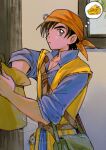  1boy bag bandana blue_shirt brown_eyes brown_hair cheese dragon_quest dragon_quest_viii food hero_(dq8) highres holding holding_bag image_in_thought_bubble indoors male_focus mouyi orange_bandana popped_collar sample_watermark shirt short_hair shoulder_bag signature sleeves_rolled_up solo speech_bubble sweatdrop thought_bubble upper_body vest watermark yellow_vest 