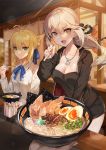  2girls ahoge artoria_pendragon_(all) blonde_hair breasts chopsticks cleavage collarbone commentary_request eating eyebrows_visible_through_hair fate/grand_order fate_(series) food green_eyes hair_between_eyes hair_bun highres jacket jewelry long_sleeves looking_at_viewer medium_breasts multiple_girls necklace noodles open_mouth ponytail ramen saber saber_alter shorts sitting suou-sensei yellow_eyes 