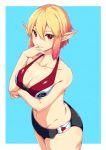  1girl bangs bare_arms bare_shoulders bikini black_bikini blonde_hair blue_background blush border breast_hold breasts character_request cleavage closed_mouth collarbone commentary_request cowboy_shot elf euclita_(pso2) gradient_hair groin hair_between_eyes hand_on_own_face highres large_breasts mismatched_bikini multicolored_hair navel nyanmaru_(ememing) outside_border phantasy_star phantasy_star_online_2 pointy_ears red_bikini red_hair short_hair sidelocks simple_background smile solo swimsuit white_border 