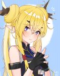  1girl ahoge arknights armband bangs bare_shoulders black_gloves blonde_hair blue_background blue_eyes blush chinese_commentary commentary_request double_bun eyebrows_visible_through_hair gloves hair_between_eyes hands_up highres horns leizi_(arknights) long_hair looking_at_viewer own_hands_together pointy_ears sleeveless solo steepled_fingers twintails upper_body xiaoyu_chiaki 