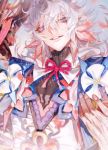  1boy ahoge au_(d_elite) bangs bishounen center_frills fate/grand_order fate_(series) flower flower_knot hair_between_eyes hair_ornament highres holding holding_staff holding_weapon hood hood_down hooded_robe long_hair long_sleeves looking_at_viewer male_focus merlin_(fate) multicolored_hair pants parted_lips petals pink_ribbon purple_eyes ribbon robe smile smirk solo staff tassel turtleneck two-tone_hair upper_body very_long_hair weapon white_hair white_robe wide_sleeves 