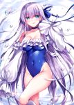  1girl :q bangs bare_shoulders blue_choker blue_eyes blue_ribbon blue_swimsuit blush breasts choker cleavage closed_mouth collarbone covered_navel eyebrows_visible_through_hair fate/grand_order fate_(series) feet_out_of_frame frilled_sleeves frills fukase_ayaka hair_ribbon hand_up highleg highleg_swimsuit long_hair long_sleeves looking_at_viewer medium_breasts meltryllis meltryllis_(swimsuit_lancer)_(fate) off-shoulder_swimsuit purple_hair ribbon sleeves_past_fingers sleeves_past_wrists smile solo standing straight_hair swimsuit thighs tongue tongue_out very_long_hair water_drop 