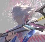  1boy ahoge bangs bishounen center_frills closed_eyes fate/grand_order fate_(series) flower flower_knot hair_between_eyes hair_ornament holding holding_staff holding_weapon hood hood_down hooded_robe long_hair looking_to_the_side male_focus merlin_(fate) multicolored_hair parted_lips petals pink_ribbon purple_eyes ribbon robe solo staff tassel turtleneck two-tone_hair very_long_hair weapon white_hair white_robe yooget 