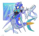  1girl android blue_eyes bodysuit covered_navel gloves highres looking_at_viewer mermaid monster_girl oomasa_teikoku robot rockman rockman_dash shark skin_tight solo splash_woman 