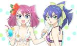  2girls :d bangs bikini bikini_top blue_eyes blue_hair bow breasts cleavage collarbone cup flower food front-tie_bikini front-tie_top green_bow green_eyes hair_between_eyes hair_bow hair_flower hair_ornament halterneck hibiscus high_ponytail hiiragi_yuzu holding holding_cup ice_cream long_hair looking_at_viewer mechakucha multicolored_hair multiple_girls open_mouth pink_hair purple_bikini purple_ribbon red_flower ribbon serena_(yuu-gi-ou_arc-v) shiny shiny_hair sideboob small_breasts smile swimsuit twintails two-tone_hair upper_body white_background white_bikini yuu-gi-ou yuu-gi-ou_arc-v 