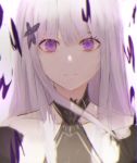  1girl absurdres bangs bell_(pixiv12536604) closed_mouth collarbone echidna_(re:zero) hair_between_eyes hair_ornament highres long_hair looking_at_viewer portrait purple_eyes re:zero_kara_hajimeru_isekai_seikatsu silver_hair solo straight_hair 