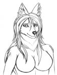 anthro breasts canid canine female fluffy fox fur hair hi_res mammal monochrome simple_background smile solo white_background zi0808 