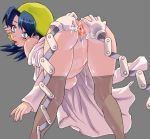  1990s_(style) 1girl alternate_breast_size anus aqua_eyes ass ass_grab bent_over blue_eyes blue_hair blush bottomless breasts crystal_(pokemon) hat highres large_breasts looking_back nipples no_panties open_mouth otsukare pokemon pokemon_(game) pokemon_gsc pokemon_special pubic_hair pussy pussy_juice short_hair solo spread_anus spread_pussy thighhighs tongue uncensored 